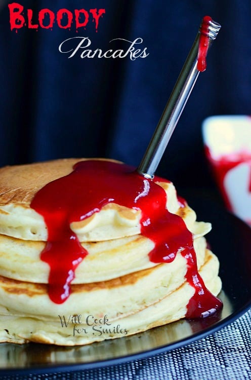 Bloody Pancakes, Halloween Breakfast 1 from willcookforsmiles.com #halloween #fakeblood #strawberry #syrup