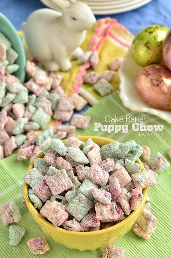 Cake Batter Puppy Chow" snack mix recipe at TidyMom.net #yearofcelebrations