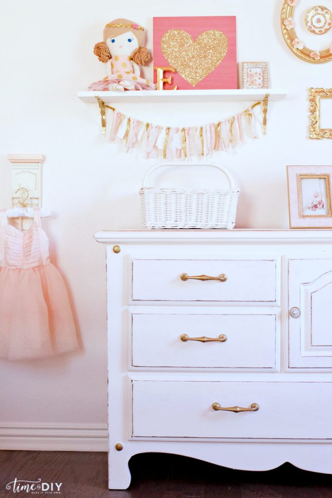  Darling girls room gallery wall decor! Love the chippy glam dresser makeover! So easy to paint, cute girls room decor ideas!