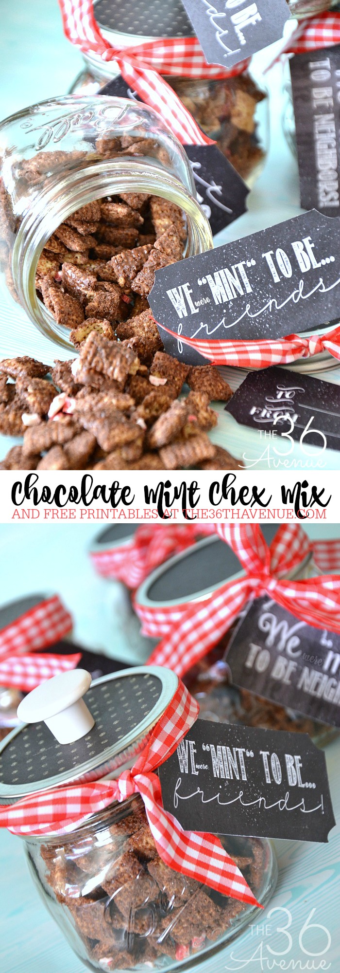 Handmade Gift Ideas - Gifts in a jar are adorable! Check out this Chocolate Mint Chex Mix Recipe and Printable. This handmade gift is perfect for Christmas gifts, Neighbor Gifts, or any other special occasion. PIN IT NOW and make it later!
