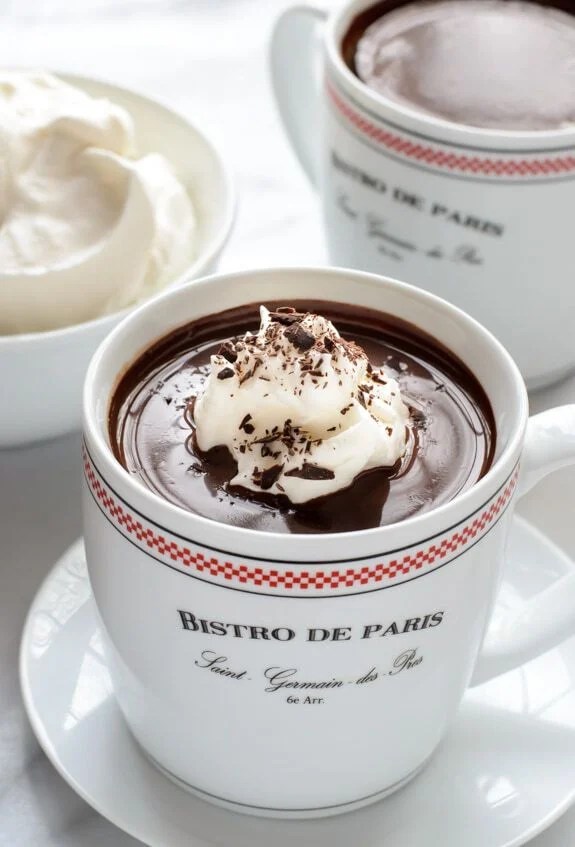 2 mugs of French Hot Chocolate. Classic dark European-style hot chocolate, garnished with whipped cream and shaved chocolate