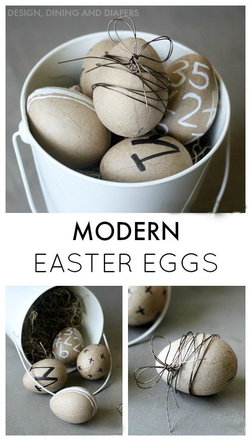 Modern Easter Eggs- paper mache eggs decorated with sharpies, chalk pens and wire via designdininganddiapers.com