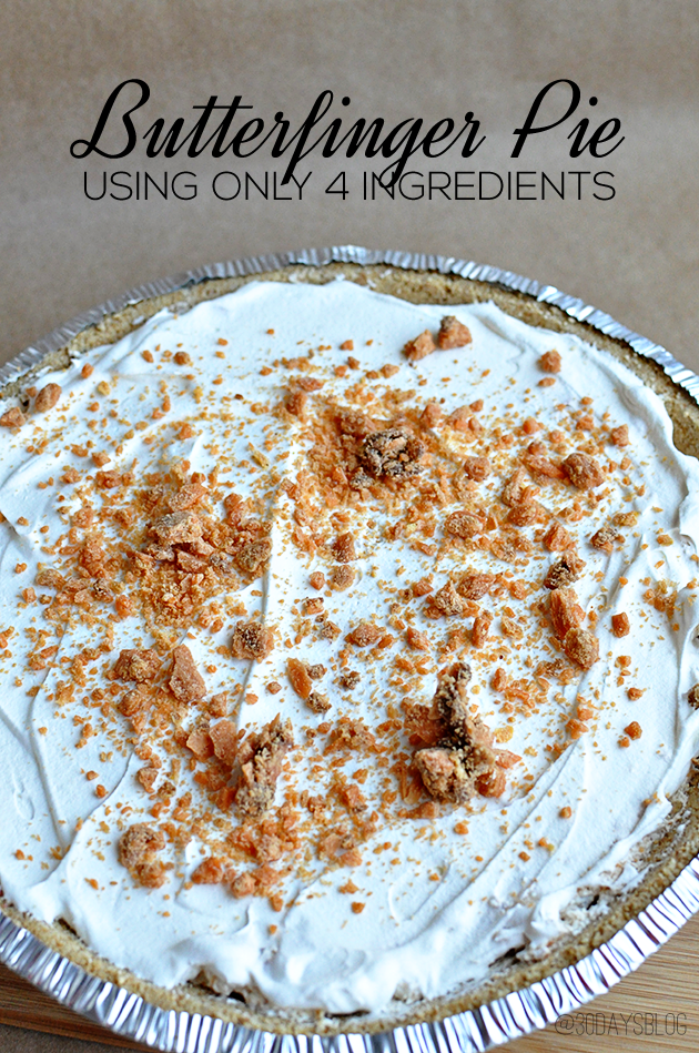 Butterfinger Pie with only 4 ingredients. The perfect recipe for leftover Halloween candy. Easy and delicious! www.thirtyhandmadedays.com
