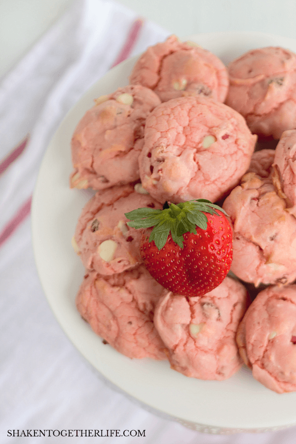 A plate of our Double Strawberry White Chocolate Chip Cookies will definitely disappear quickly! And since they start with a cake mix, a second batch is done in no time!